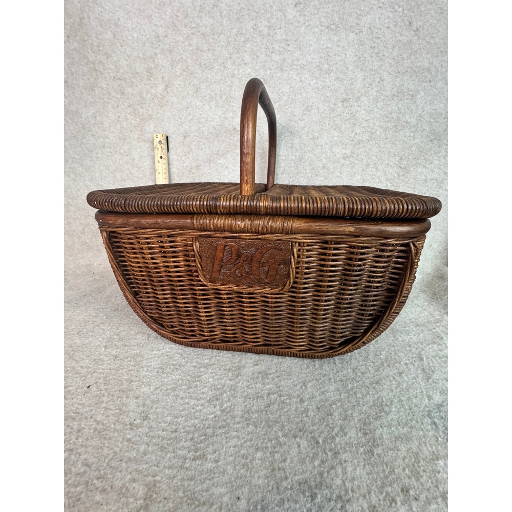 Vintage Wicker Picnic Basket with Lid and Handle P&G Embossed Detail